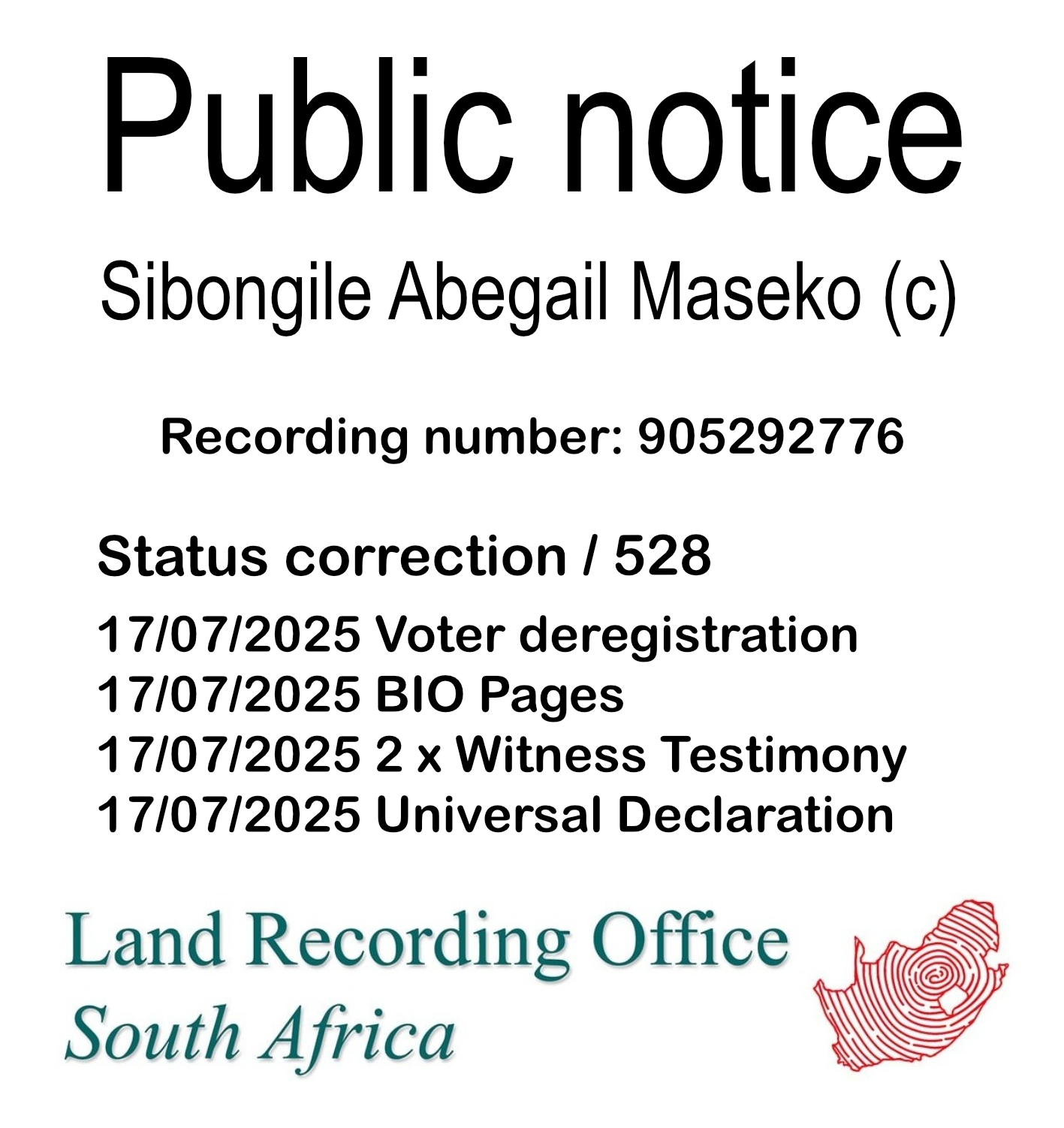 Public notice Sibongile Abegail Maseko (c) Recording number 905292776